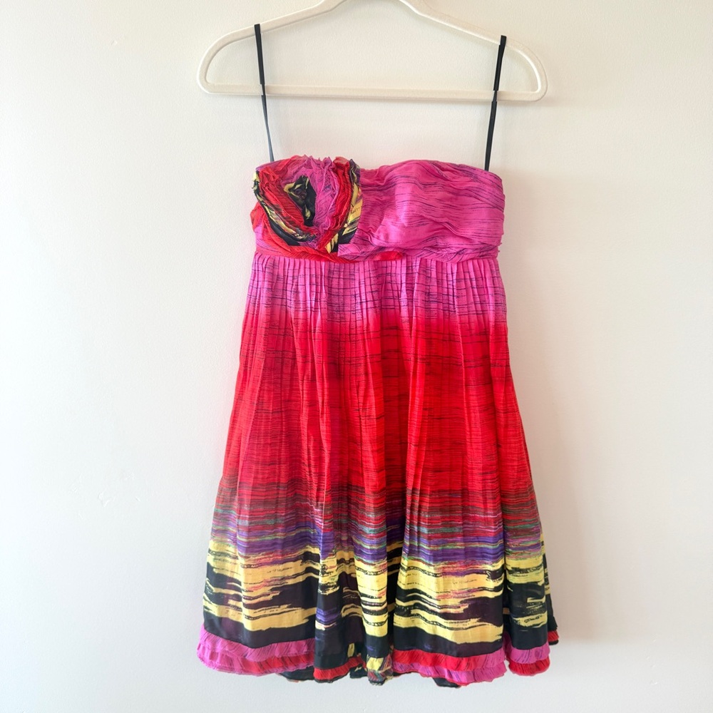 LaROK Strapless Ombre Rosette Mini Dress Pink Red Pleated | Womens XS - Picture 2 of 7